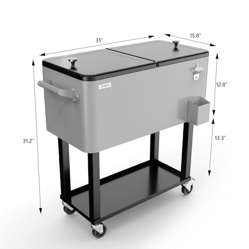 VINGLI 80 Quart Rolling Ice Chest on Wheels, Portable Patio Party Bar Drink Cooler Cart, with Shelf, Beverage Pool with Bo...