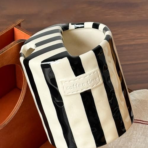 Retro Coffee Mug, Ceramic Striped Coffee Mugs for Coffee Bar Accessories, 350ml Ceramic Coffee Mug with Sip Top Lid, Hand ...