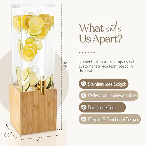 1.25 Gallon Acrylic Beverage Dispenser with Bamboo Stand – Iced Drink Dispenser with Stainless Steel Spigot & Built-in Ice...