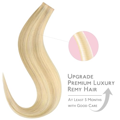 WENNALIFE Invisi Edge Tape in Hair Extensions Human Hair, 20 Inch 50g 20pcs Light Blonde Highlighted Golden Blonde Invisible Luxury Remy Hair Extensions Natural Seamless Injected Tape Ins Straight