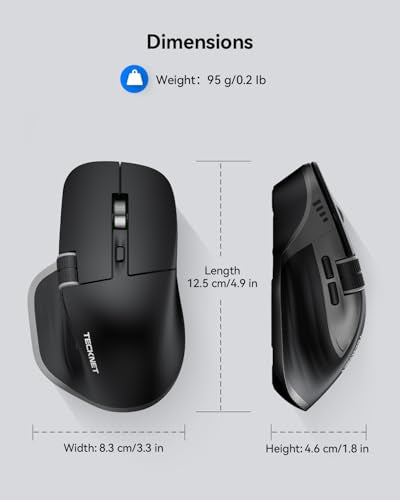 TECKNET Wireless Mouse, Bluetooth Mouse (BT5.0/5.0 & 2.4G) Rechargeable 4800 DPI Ergonomic Optical Mouse with 6 Adjustabl...