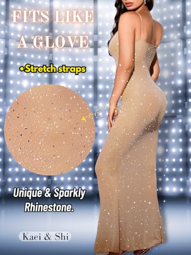 Kaei&Shi Rhinestone Mesh Dress,Glitter Sparkly Embellished Sheer Maxi Dresses,Sexy Birthday Outfit for Women Cocktail Party