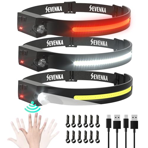 SEVENKA 3 Rechargeable Headlamps, LED Headlamp Flashlight, 1000 Lumen 230° Wide Beam & Spot Light, Sensor Mode, 2.47oz Lig...