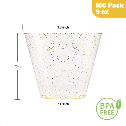 Goodluck 9 oz 100 PCS Gold Glitter Plastic Cups, Disposable Glitter Cups, Elegant Plastic Cocktail Glasses, Fancy Party Cu...