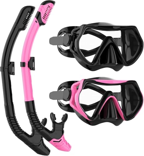 Snorkeling Gear for Adults, JRing Snorkel Mask Set with 180 Degree Tempered Glass Anti Fog Goggles Scuba Dry Top Snorkel f...
