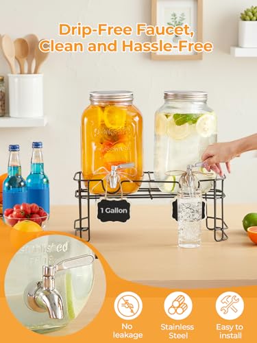 Drink Dispensers for Parties 1 Gallon, 2-PACK Glass Beverage Dispenser with Leakproof Stainless Steel Spigot, Stand, Ice C...