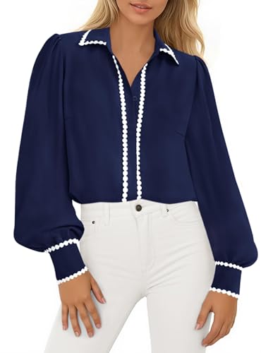 PRETTYGARDEN Womens Long Sleeve Button Down Shirts 2026 Trendy V Neck Loose Fit Fall Tops Collared Dressy Casual Blouses