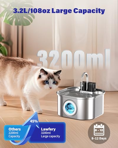 Lawfery Wireless Cat Water Fountain Stainless Steel with 4 Filters & 4 Sponges, 3.2L/108oz Battery Operated Pet Fountain, ...
