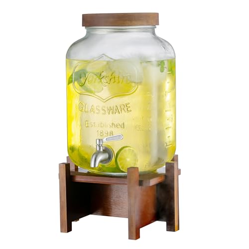 Drink Dispenser with Acacia Wood Stand and Lid,2 Gallon Glass Beverage Dispenser with Stainless Steel Spigot for Parties,P...