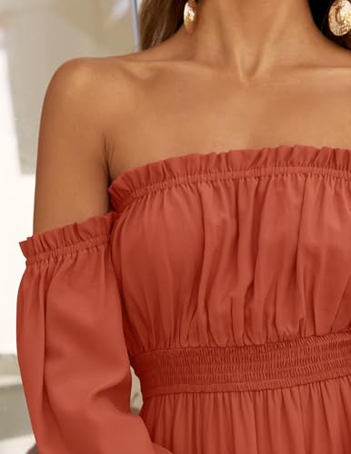ZESICA Women's 2026 Boho Sexy Off Shoulder Long Sleeve Smocked High Waist Side Split Flowy A Line Tiered Long Maxi Dress
