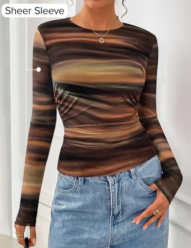 ZESICA Womens 2026 Spring Floral Mesh Going Out Tops Long Sleeve Crewneck Slim Fit Ruched Y2k Shirt Beach Vacation Outfit