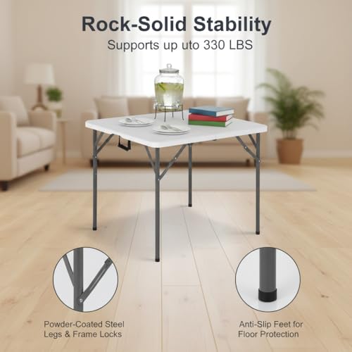 Bigacc 34" Folding Card Table, Heavy Duty Plastic Square Table - Portable & Handle & Lock ，for Camping, BBQ, Party