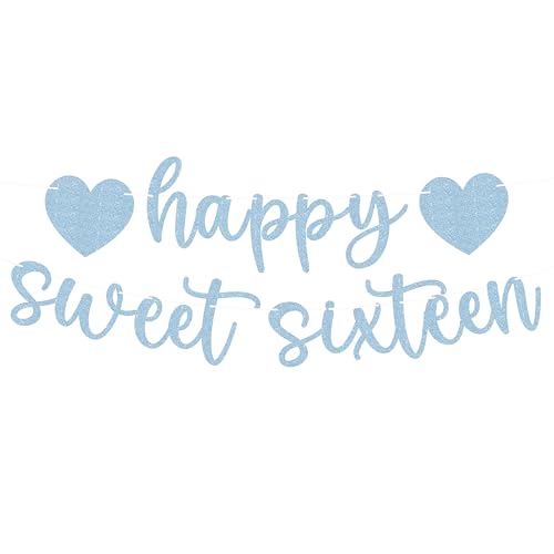 Pre-strung Happy Sweet Sixteen Banner - Light Blue Glitter 16th Birthday Party Decorations & Decor, Photo Booth Props