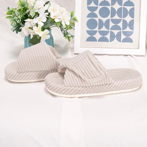 Women's House Slippers Cozy Adjustable Open Toe Memory Foam Corduroy Non-slip Bedroom Shoes for Indoor Outdoor
