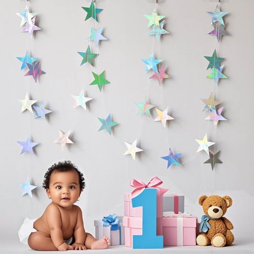 Iridescent Shining Star Hanging Garland Iridescent Hanging Sparkling Star Streamer Glitter Bunting Banner Twinkle Backdrop...