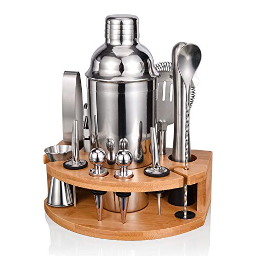 Esmula Bartender Kit with Stylish Bamboo Stand, 12 Piece 25oz Cocktail Shaker Set for Mixed Drink, Professional Stainless ...