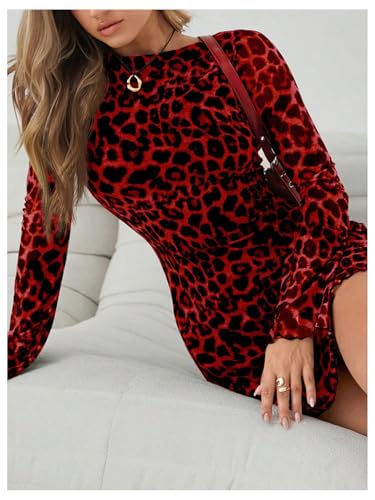Milumia Women's Leopard Print Mini Dress Y2k Bell Long Sleeve Cheetah Short Dresses Going Out Party Clubbing Outfits