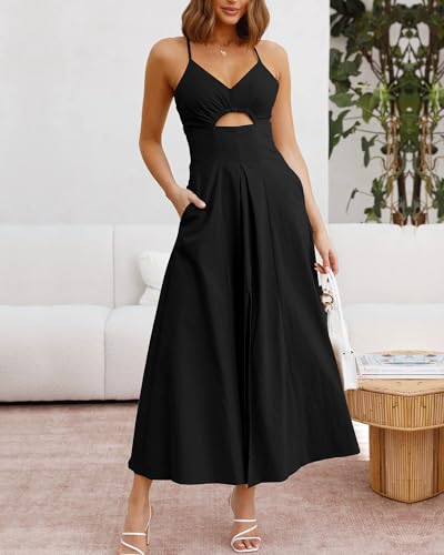 BTFBM Women 2026 Spaghetti Strap Midi Summer Dresses Sleeveless V Neck Cutout Slit Casual Beach Party Maxi Dress Pockets
