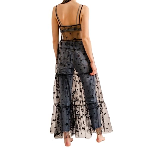 Women's See Through Tulle Maxi Dress Shiny Sequined Stars Spaghetti Strap Cover Up Dresses Festival Outfit