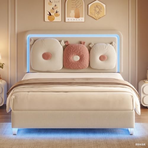 Full Bed Frame with Boucle Upholstered Headboard, Girls Bed, Solid Wood Slats Support, Fully Upholstered Mattress Foundation/No Box Spring Needed/Easy Assembly, White Full Size Bed Frame