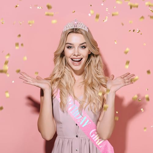 Coopyin Birthday Sash and Crown for Women Girls Pink Birthday Girls Sash Costume Tiara Headband Queen Princess Crown Spark...
