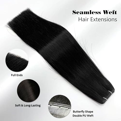 Butterfly Weft Hair Extensions Human Hair-Invisible Double Layered with Hole Hand Tied Genius Weft PU Seamless Micro Beads Real Remy Hair Jet Black 100g #1 16 Inch