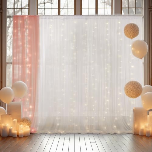 10×8ft White Tulle Curtain Backdrop with Lights String for Parites, Sheer Backdrop Curtain Drapes for Wedding Photo Baby S...