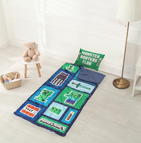 Minecraft Creeper 3 Piece Sleepover Set - Cozy & Warm Slumber Bag with Pillow & Eye Mask (Official Minecraft Product)