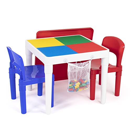 Humble Crew Kids Activity Table and 2 Chairs Set, White/Blue/Red - 2-in-1 Toddler Play Table Building Blocks Compatible - ...