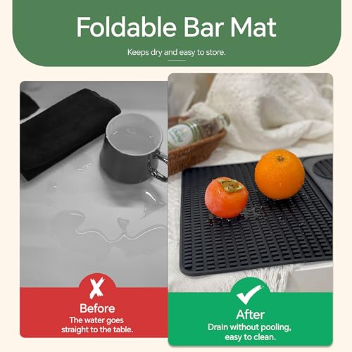 Bar Mat, Bar Accessories, Multifunctional Folding Cocktail Mat with Cutting Board, 18" X 12"(Black) Drying Mats,Bar Mat fo...