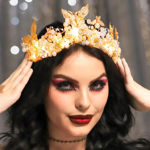 GORTIN Butterfly Crown and Tiara Gold Light up Flower Bride Wedding Headpiece Pearl Headband Bridal Hair Accessories for W...