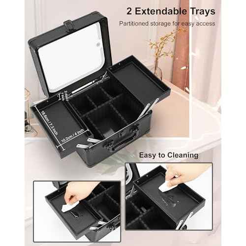 Chomeiu Makeup Bag with Mirror, Travel Train Case Large Cosmetic Organizer with 2 Trays and Vanity Mirror with LED Lights, Brush Holder Storage Box Suitcase for Nail Kits Cosmetics Craft, Black