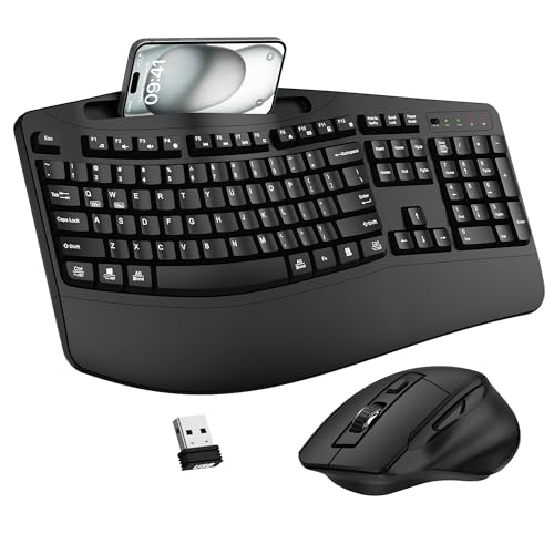 Wireless Keyboard and Mouse Combo, 2.4G Full Size Wave Keys Ergonomic Keyboard with Wrist Rest, Phone Holder, 3-Level DPI ...