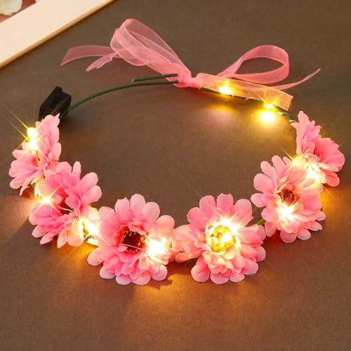 Kesvb Light Up Flower Headband LED Floral Wreath Crown Headbands Glowing Festival Garland Hair Accessories for Women (Pink)