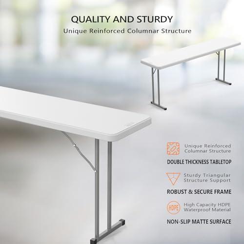 VINGLI 6 FT Narrow Folding Table,Premium Quality HDPE Material and Sturdy Metal Frame, Perfect for Buffet, Seminar, Party,...