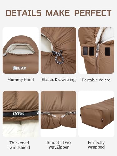 QEZER 0 Degree Sleeping Bag for Adults 650 Fill Power Down Sleeping Bag for Cold Weather -20F / -8F / 0F / 10F Large Light...