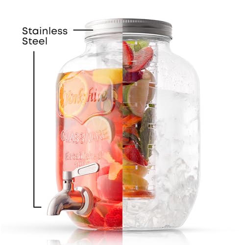 1-Gallon Drink Dispenser. Glass Beverage Dispenser with Stainless steel Spigot plus Ice Cylinder and Fruit Infuser! Water ...