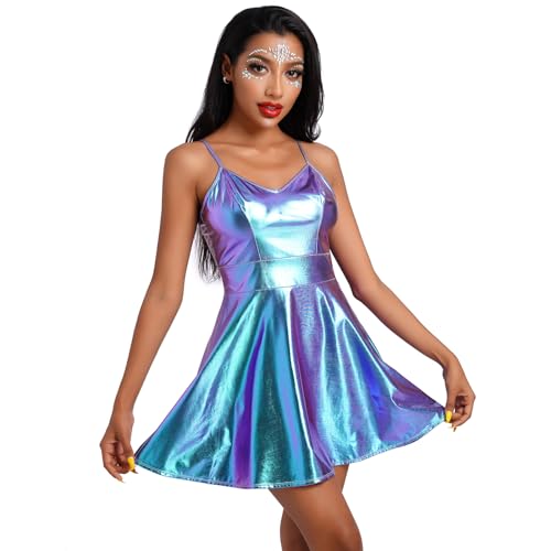 ABAFIP Women Shiny Holographic Sleeveless V-Neck High Waist Rave Disco Dance Party Music Festival Dress 70s Outfit