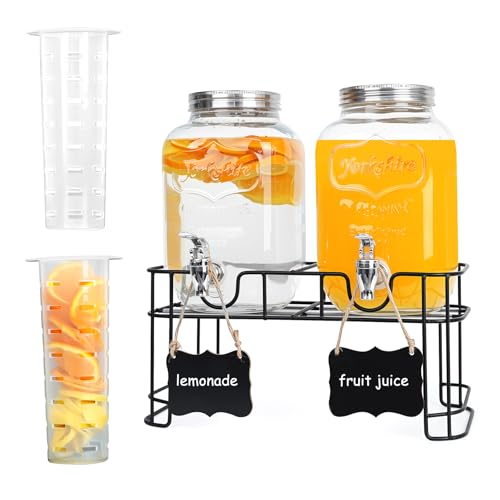 2-Pack 1 Gallon Glass Drink Dispensers for Parties - Leak-Proof Beverage Dispenser with Stand, Spigot, Ice Cylinder & Chal...