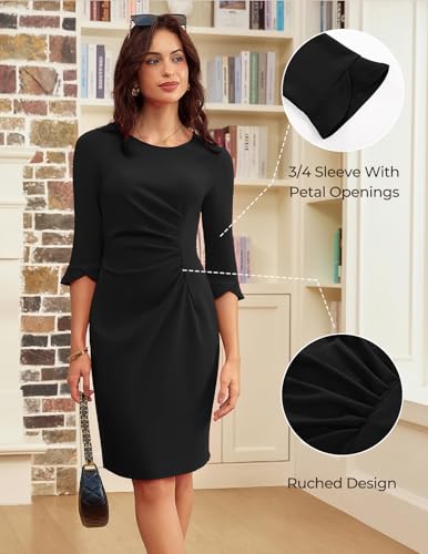 GRACE KARIN Work Dresses for Women 2025 3/4 Sleeve Sheath Business Dress Ruched Bodycon Office Cocktail Dress