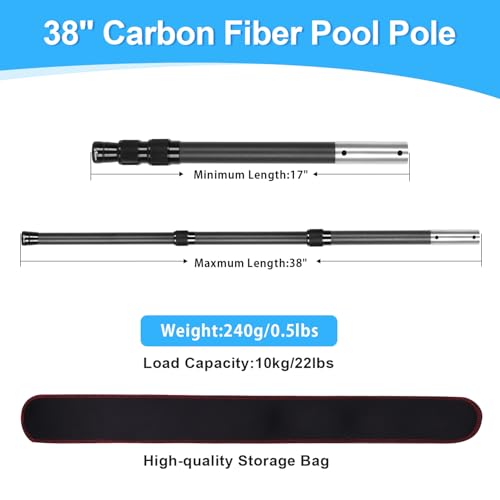 38" Carbon Fiber Pool Pole, Telescoping Skimmer Pool Cleaning Pole, Short Pool Pole for Spa, Hot Tub, Pool Hand Leaf Skimm...