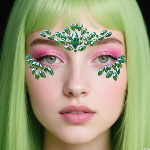 2 Pack Green Face Gems Jewels for Women Cosplay Glitter Mermaid Ivy Makeup Accessories Halloween Green Face Jewel Stickers...