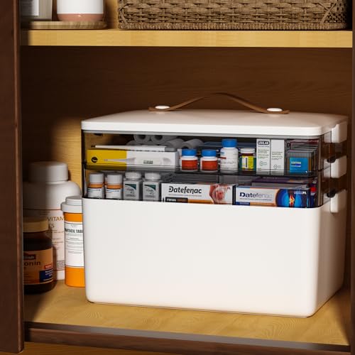JOYBOS 3-Tier Medicine Storage Box Cabinet, Empty First Aid Kit Portable Medical Supply Organizer with Leather Handle for ...