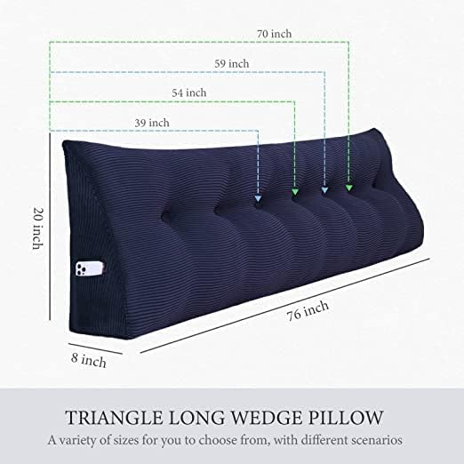 Wedge Headboard Pillow Dorm Room Reading Pillow Back Support for Sitting Up in Bed Bolster Lumbar Cushion Body Positioning Bedrest Corduroy (Navy Blue, Queen (59 * 8 * 20in))