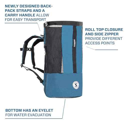 SCUBAPRO Sport 65 Mesh Dive Bag with Roll Top Closure and Side Zipper for Snorkeling and Scuba Diving Gear, Denim Blue Color Fabric