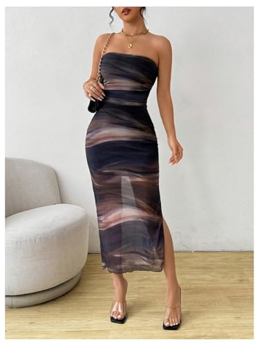 Milumia Women's Tie Dye Printed Ruched Tube Dress Strapless Mesh Split Rave Maxi Dresses