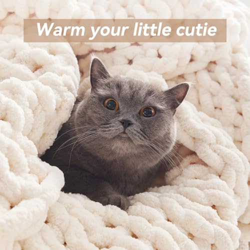Negwoo Chunky Knit Throw Blanket, 50''*60'' Knitted Throw Chenille Yarn for Bed Couch, Handmade Cream Crochet Big Thick Bl...