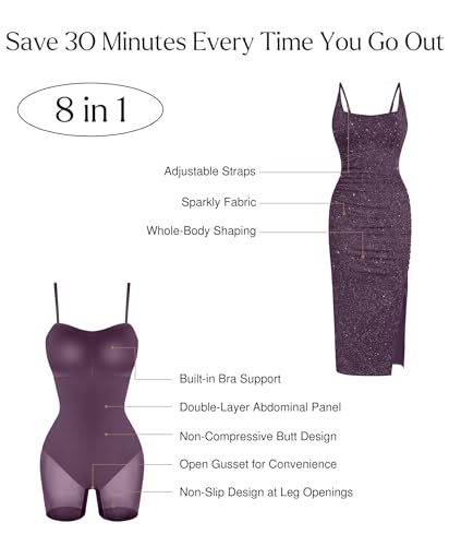 Popilush Shapewear Midi Dress Women's Sparkly Formal Wedding Guest Cocktail Dresses Fall Square Neck Ruched Dress Side Slit