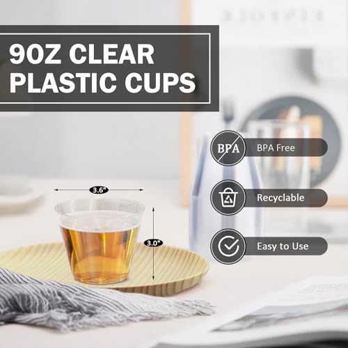 Clawsoff 9 oz Clear Plastic Cups, 100 Pack Disposable Fancy Cup for Wedding, Cocktail Cups 9 Ounce, Bulk Clear Plastic Tum...