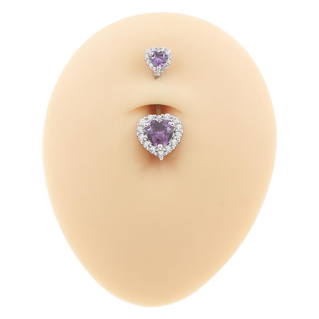 Excepro Belly Rings 316L Surgical SS PVD Plated Multicolor Heart CZ Navel Piercing Shiny Belly Button Rings (purple)